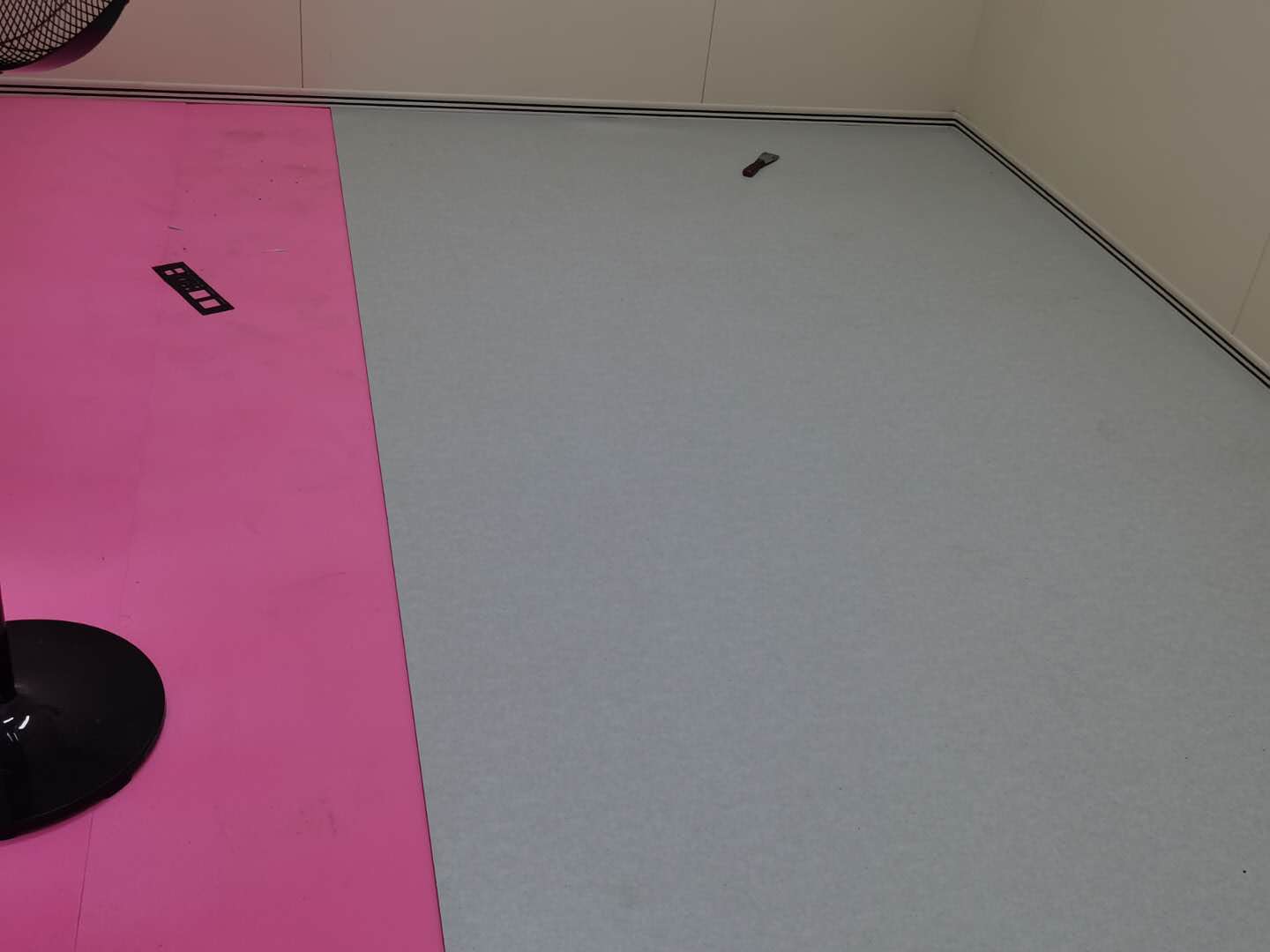 留置室米色防撞软包墙面与粉灰双色PVC地胶铺装实景，适用于办案区审讯室防撞防自伤装修