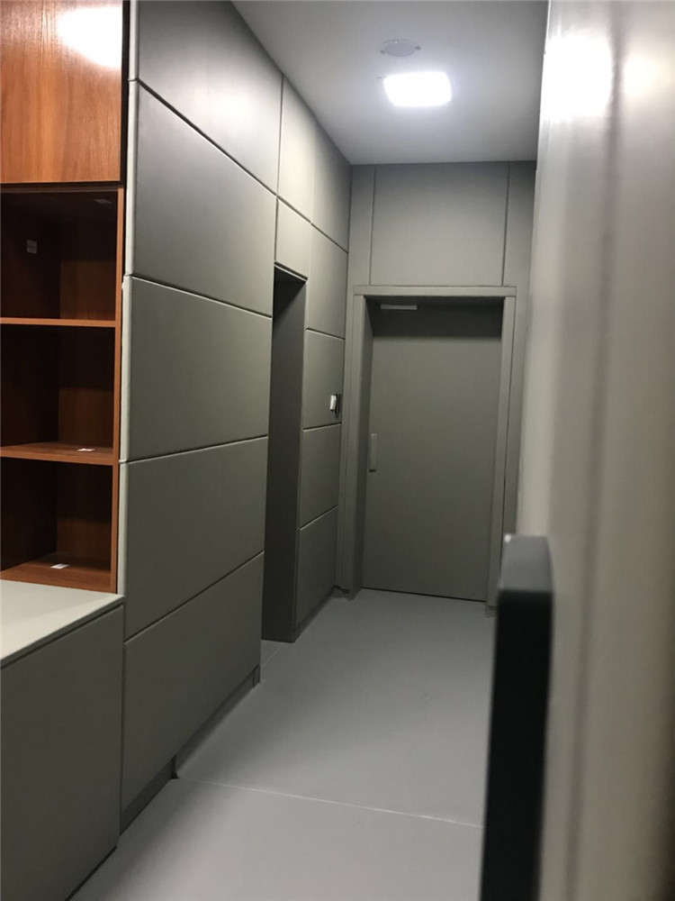 公检法办案区审讯室灰色防撞软包墙面与软包门整体实景，高密度海绵皮革包覆防自伤设计