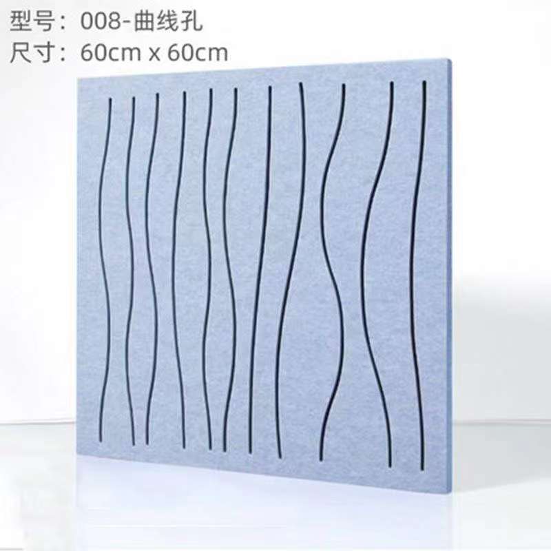 蓝色聚酯纤维曲线孔吸音板，60x60cm规格，曲线雕刻纹路墙面吸音降噪装饰板材