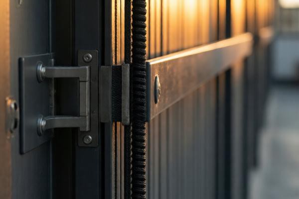 钢质隔音门三道密封条压接部位特写，某公安局办案区走廊侧视角度，暖黄色灯光勾勒门缝闭合轮廓